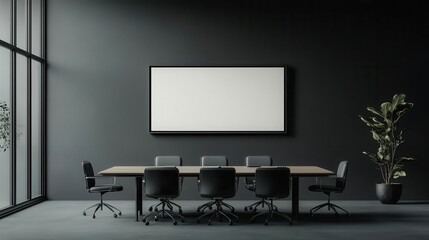 Bank boardroom with interactive smart screens, sleek black furniture, and mood lighting for presentations, interactive boardroom, techforward, modern
