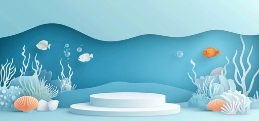 Underwater scene with platform, fish, coral, and shells.