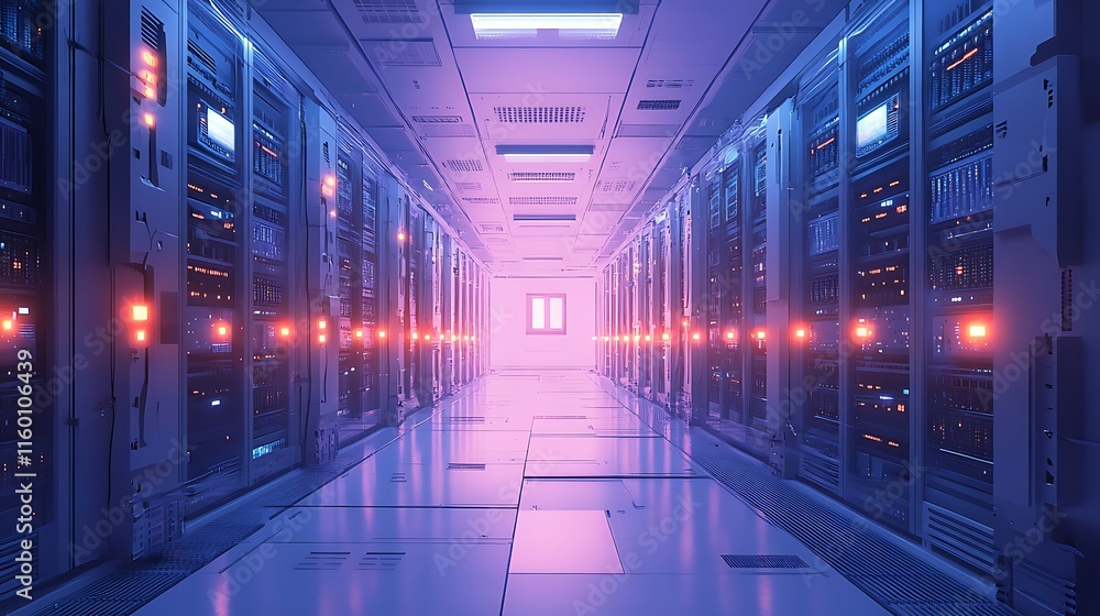 Aufkleber a futuristic data center with glowing servers and a bright exit in the background.
