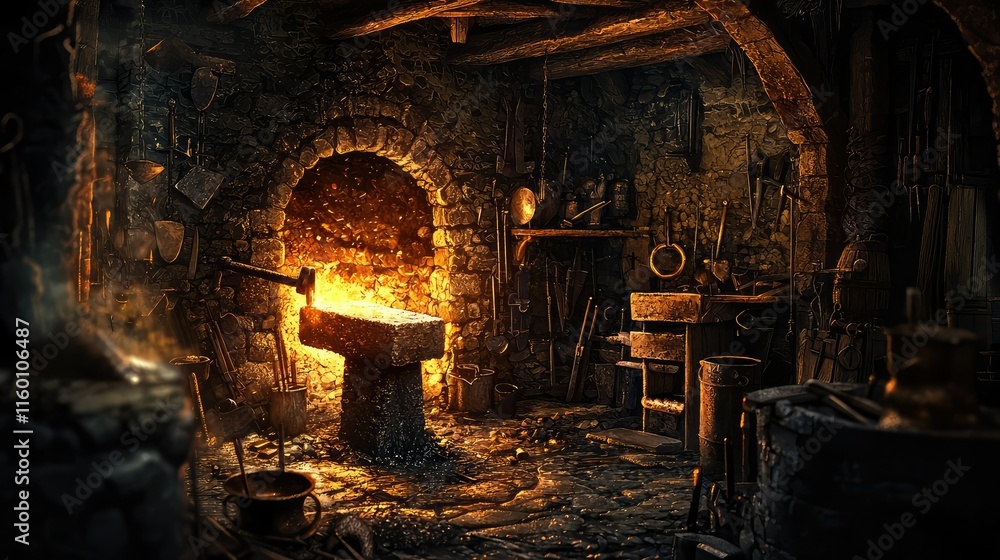 Poster rustic blacksmith workshop with glowing forge and tools