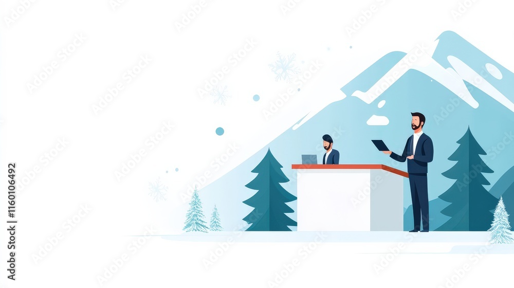Poster professional men working in a snowy mountain landscape, one using laptop while another checks a tabl
