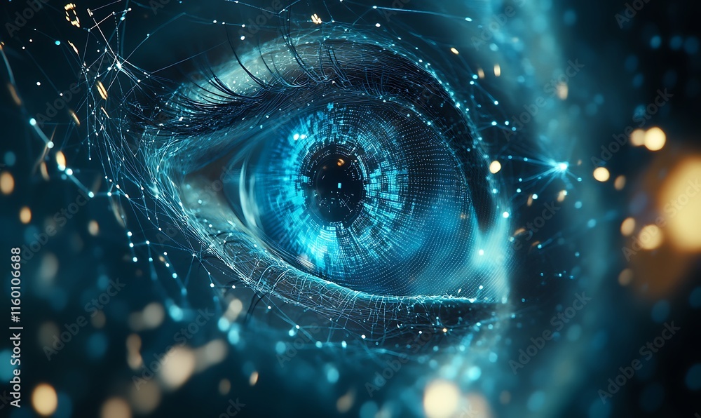 Poster a futuristic eye design with digital elements and glowing particles.