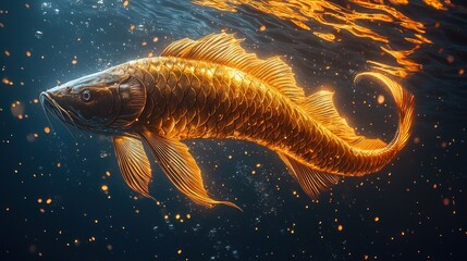 Golden Koi fish swimming underwater with sparkles.