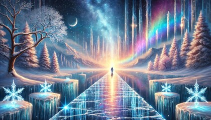 A Shimmering Ice Bridge Leading to a Magical and Vibrant Fantasy Realm Beneath a Deep Starlit Sky