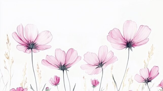 Watercolor of pink cosmos flower isolated on white background,Collection cosmea flower and leaves,wildflowers seamless pattern,soft colorful blooming flower background.