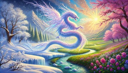 Naklejka premium An Enchanting Snow Dragon Awakens Spring Amidst a Magical Landscape with Blooming Flowers, Icy Streams, and Radiant Cherry Blossoms