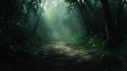 Mysterious path through a dark, misty forest.