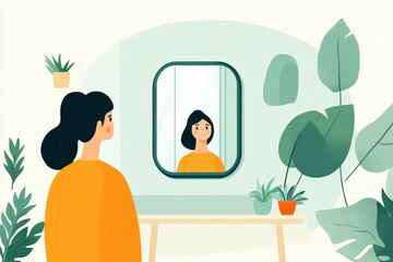 Obraz premium Woman Staring at Reflection in a Mirror Surrounded by Lush Green Plants in a Calm and Minimalistic Interior Space