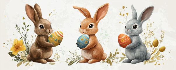 Obraz premium Three adorable bunnies holding colorful Easter eggs surrounded by floral elements