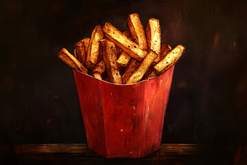 tasty French fries on background.
