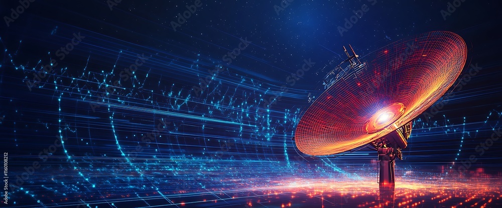 Poster a futuristic satellite dish with dynamic data streams and glowing elements.