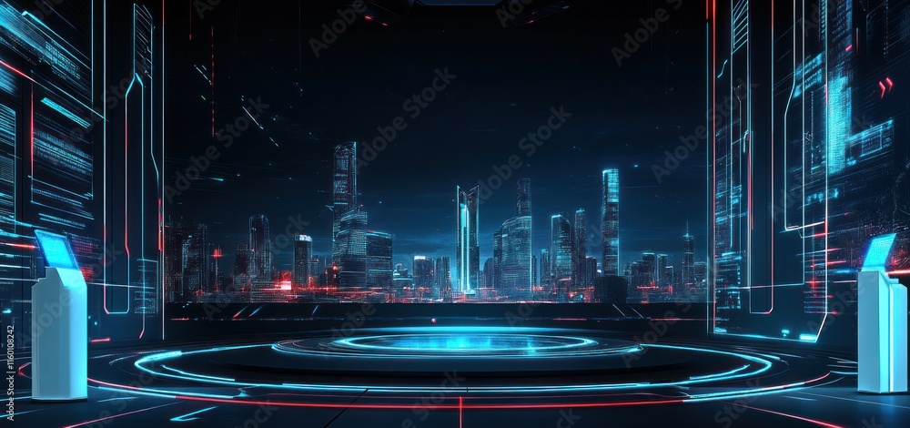 Aufkleber futuristic cityscape at night, viewed from a technologically advanced platform with glowing circular