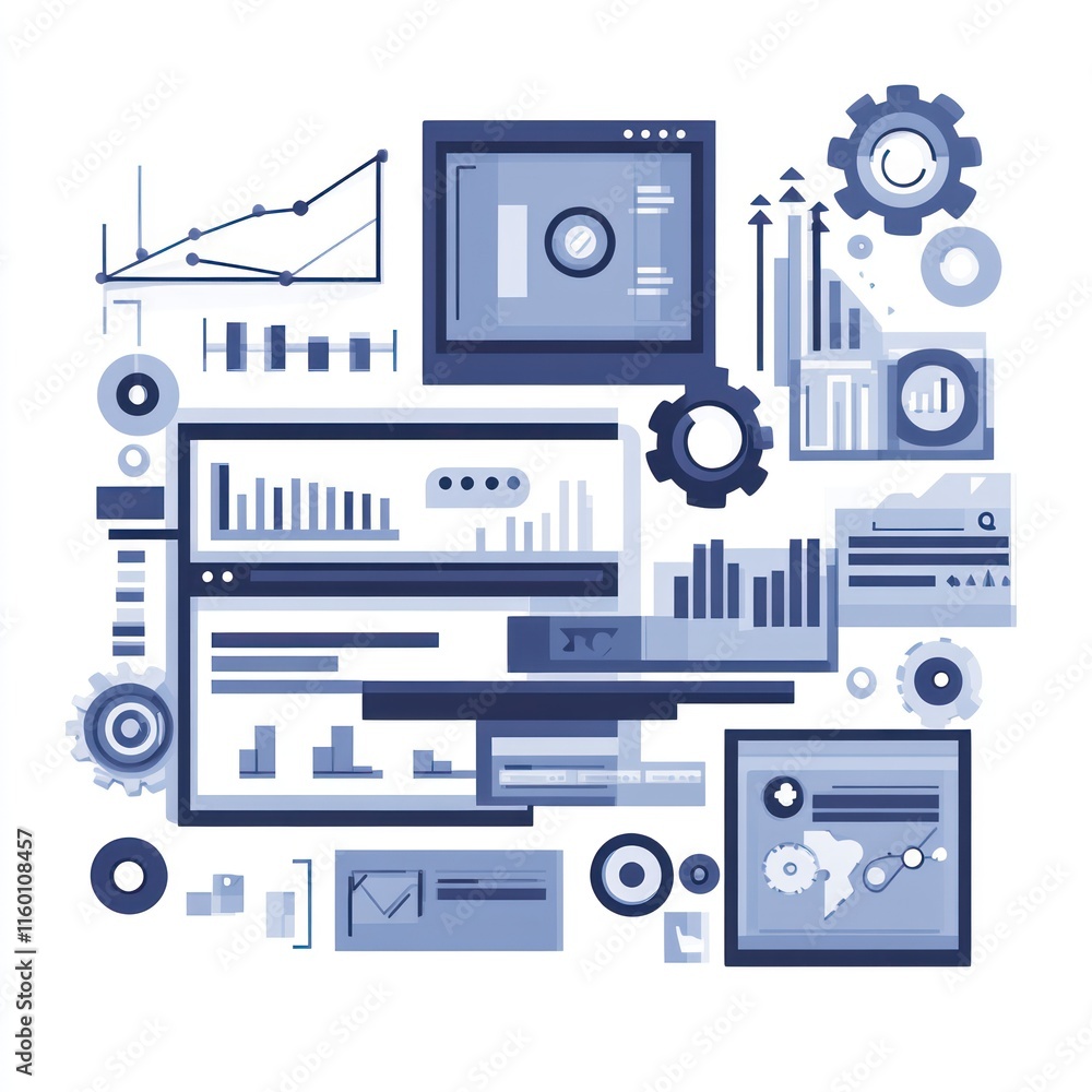 Poster data analysis dashboard showing graphs, charts, and gears.