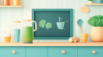 Bright and Cheerful Kitchen Countertop with Green Smoothie, Fresh Vegetables, and Cooking Utensils for a Healthy Lifestyle and Culinary Inspiration