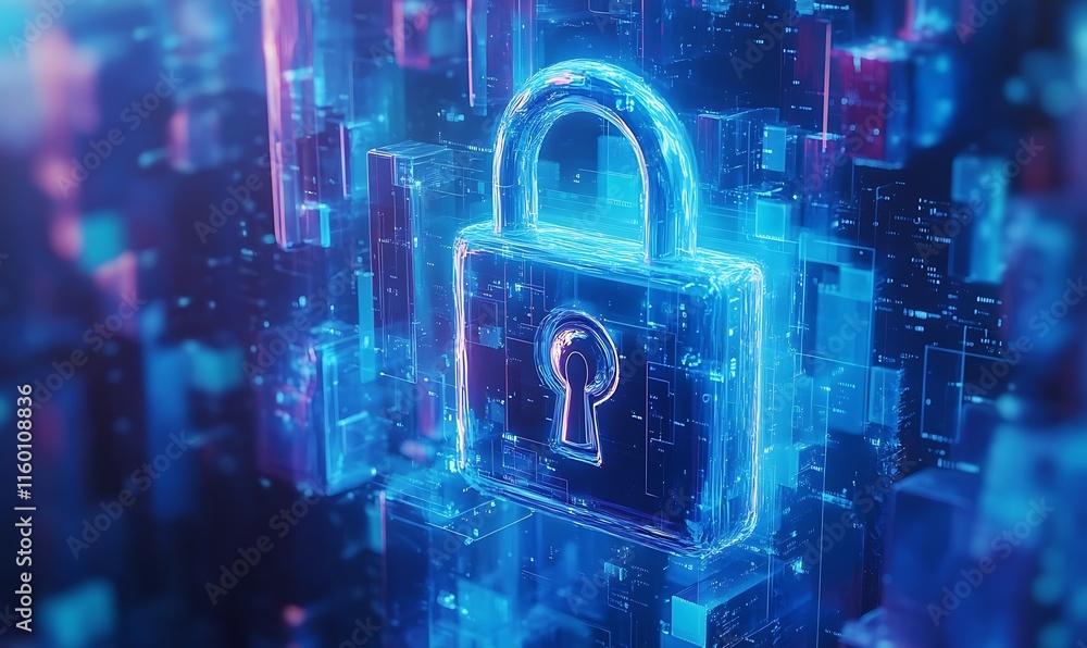 Poster a glowing digital padlock representing cybersecurity and data protection.