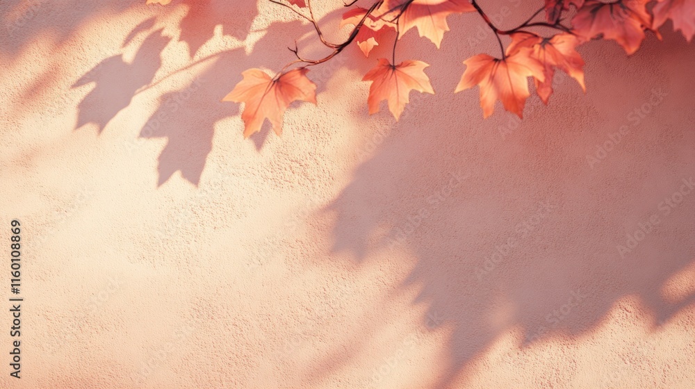 Poster autumn leaves cast shadows on a peach-colored wall, creating a warm, textured background.