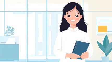 Bright and Cheerful Female Professional in a Modern Office Setting Holding a Folder and Smiling, Representing Success and Confidence in the Workplace