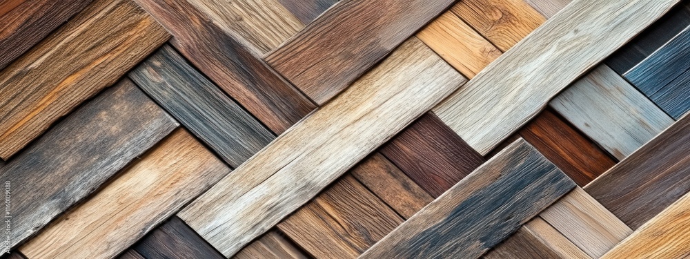 Poster Herringbone pattern of various wood planks in different colors and textures.