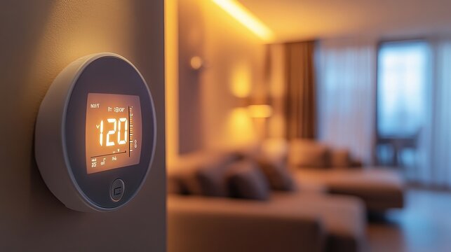 Smart thermostat displays 12.0&deg;C. Shows modern home comfort control, ideal for articles on energy efficiency or smart homes.