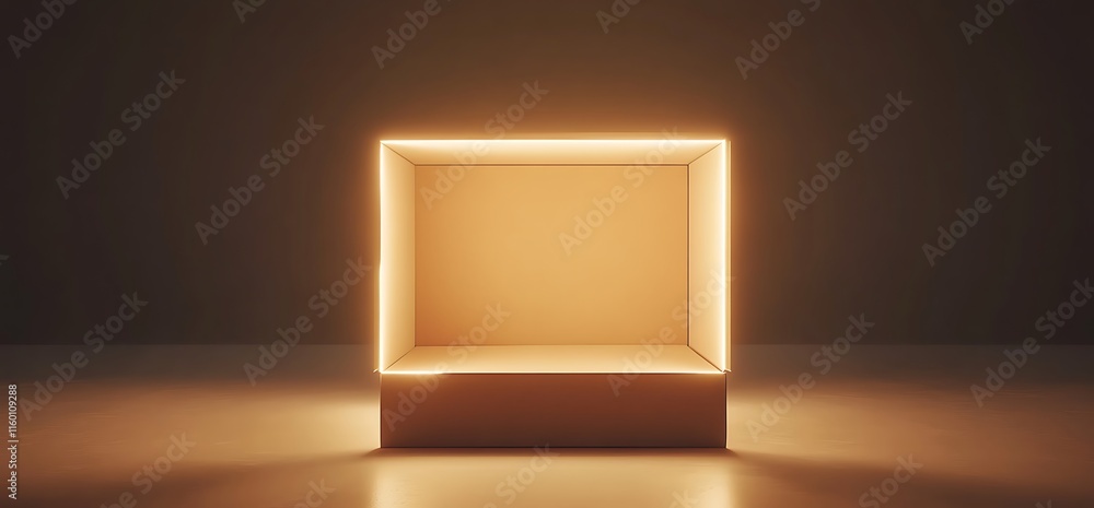 Poster a glowing empty box on a reflective surface, suggesting a display or showcase.