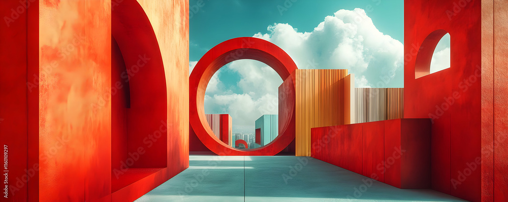 Poster a vibrant, abstract architectural scene with circular and rectangular forms against a blue sky.