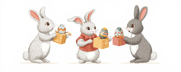 Three adorable Easter bunnies holding decorated eggs in gift boxes, sharing joy