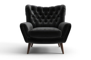 A stylish black tufted armchair with wooden legs, designed for comfort and modern aesthetics. isolated on white background