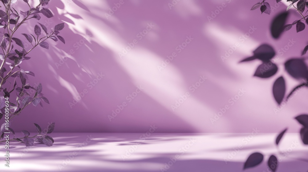 Leinwandbilder sunlight streams through leaves casting shadows on a purple wall and floor, creating a minimalist, s