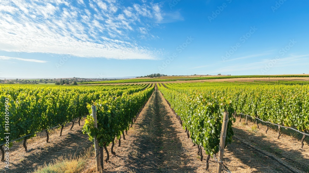 Poster An expansive vineyard with rows of grapevines stretching under a blue sky, Harvesting tools and crates ready for grape picking, Winemaking tradition style
