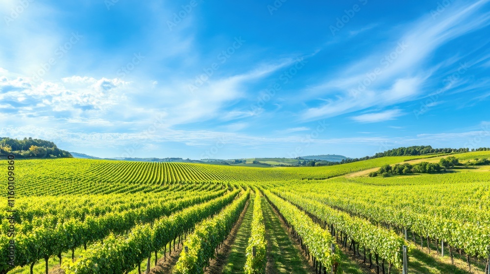 Poster An expansive vineyard with rows of grapevines stretching under a blue sky, Harvesting tools and crates ready for grape picking, Winemaking tradition style
