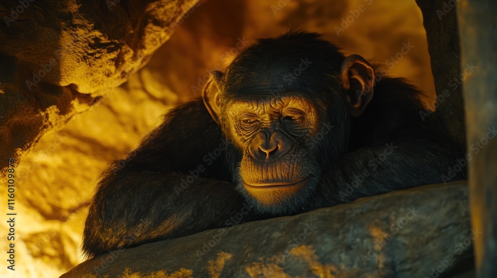 Poster a pensive chimpanzee rests on a rock within a dimly lit cave-like enclosure.