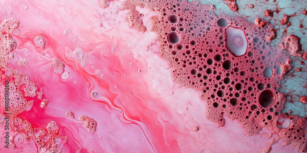 Poster a vibrant abstract pattern featuring swirling pinks and blues with intricate bubbles and textures, e