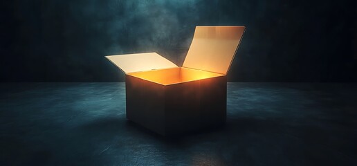 A glowing open box emits light in a dark, atmospheric setting.