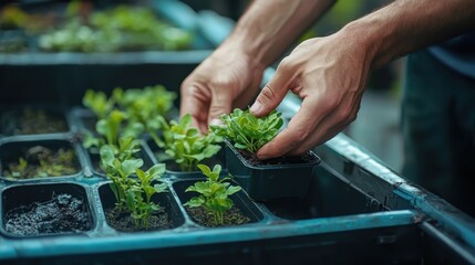 Hands planting young seedlings in a tray. Perfect for articles about gardening, spring, or new beginnings.