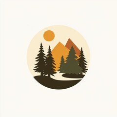 Minimalist sun, mountains, trees, and river landscape in a circle.