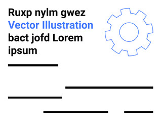 Gear icon with surrounding placeholder text Ruxp nylm gwez and Vector Illustration, black and blue lines. Ideal for web design, technology, infographics, marketing, educational materials, technical