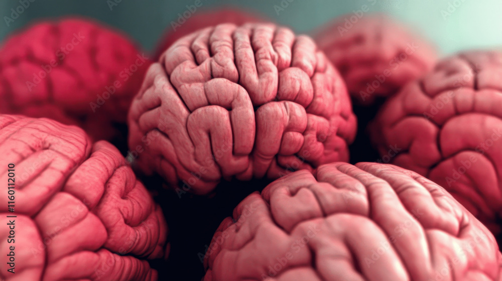 Poster a close-up view of several pink brain models, showcasing intricate details of their surface texture 