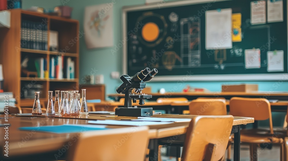 Poster scientific classroom setup with microscope and lab equipment display