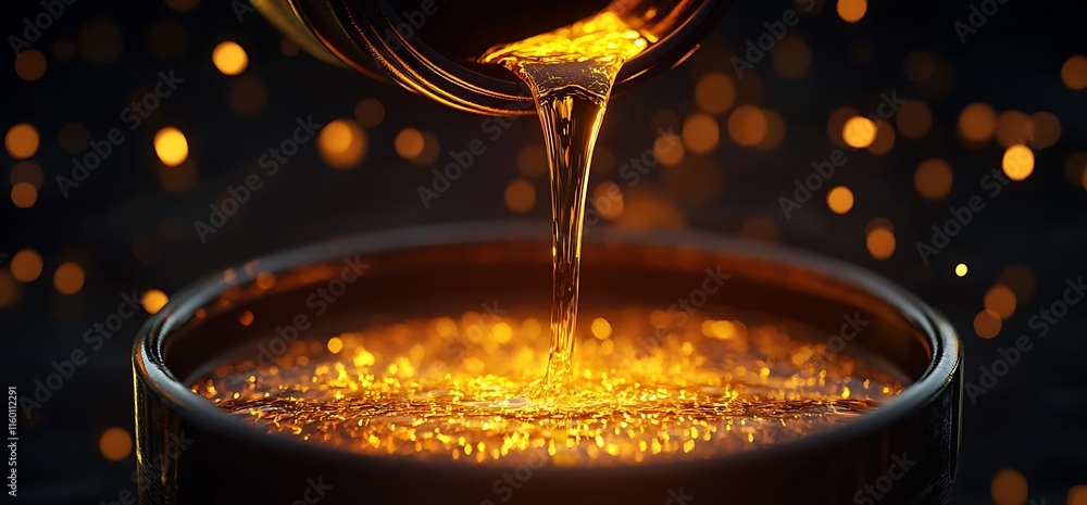 Poster a golden liquid is being poured into a container, creating a sparkling effect.