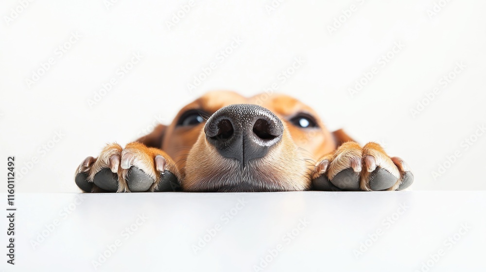 Poster close-up of a curious dog's face and paws resting on a white surface.