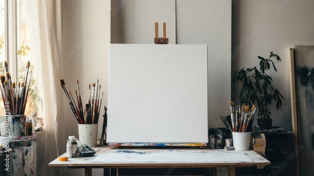 Poster An immaculate painting studio with a pristine canvas ready for creation, Paints and brushes neatly laid out, Artistic minimalist style