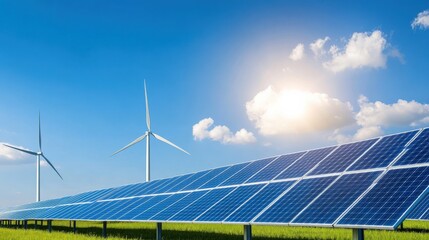 Renewable Energy Landscape Featuring Solar Panels and Wind Turbines Under a Bright Blue Sky with Fluffy White Clouds