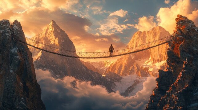 Fototapeta Man crossing a rope bridge between high mountain peaks at sunset.