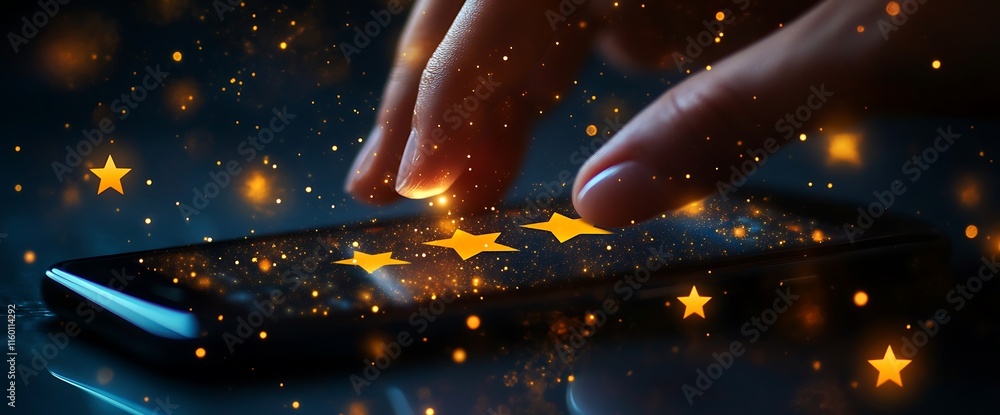 Poster a hand interacts with a smartphone displaying glowing stars and sparkles.