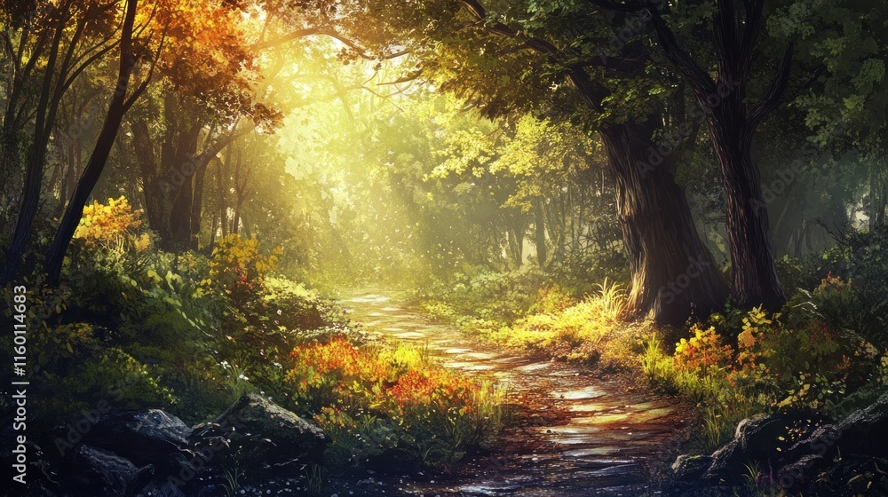 Aufkleber sunlit path winds through a lush, autumnal forest, dappled light illuminating the way.