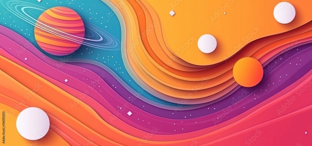 Poster abstract colorful space landscape with planets and layered design.