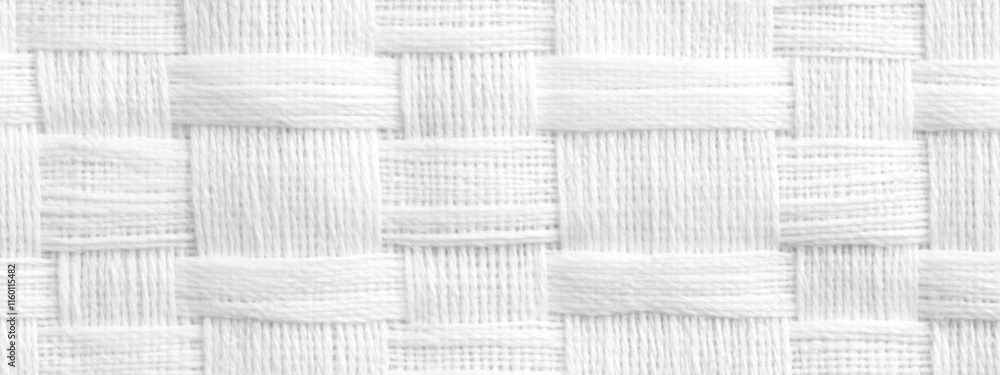 Poster White woven fabric texture background. Close-up of a white textile with an interwoven pattern, showing detailed threads and texture.