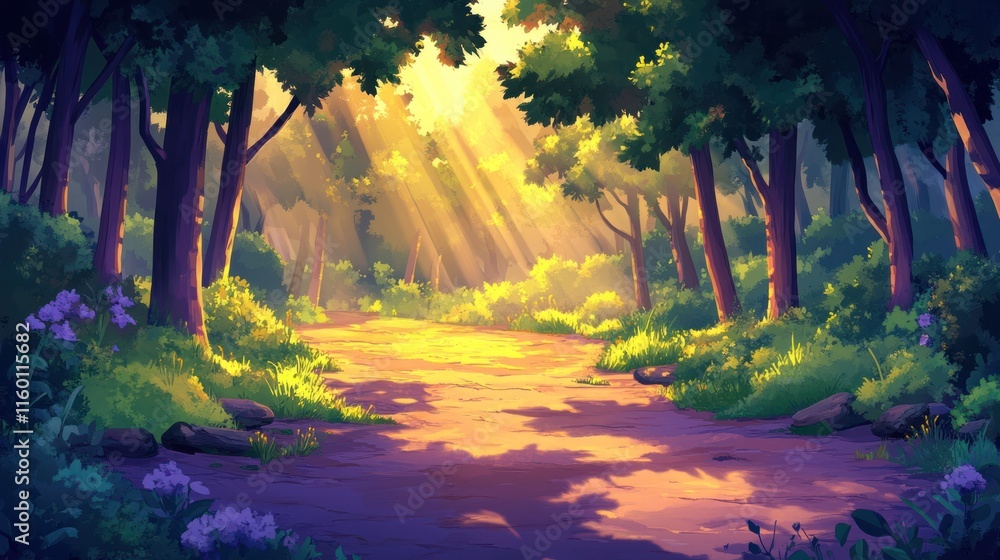 Aufkleber sunlit path through a lush, green forest with vibrant foliage and dappled light.