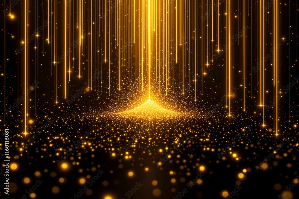 Poster abstract glowing golden streaks descending with twinkling particles on a dark backdrop, creating a f