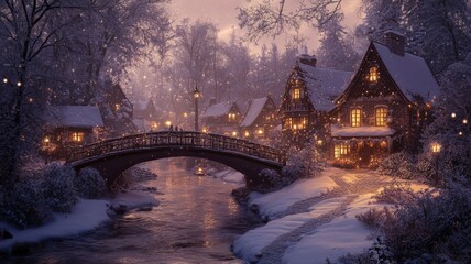 Enchanting Winter Village Bridge Scenic Snowscape